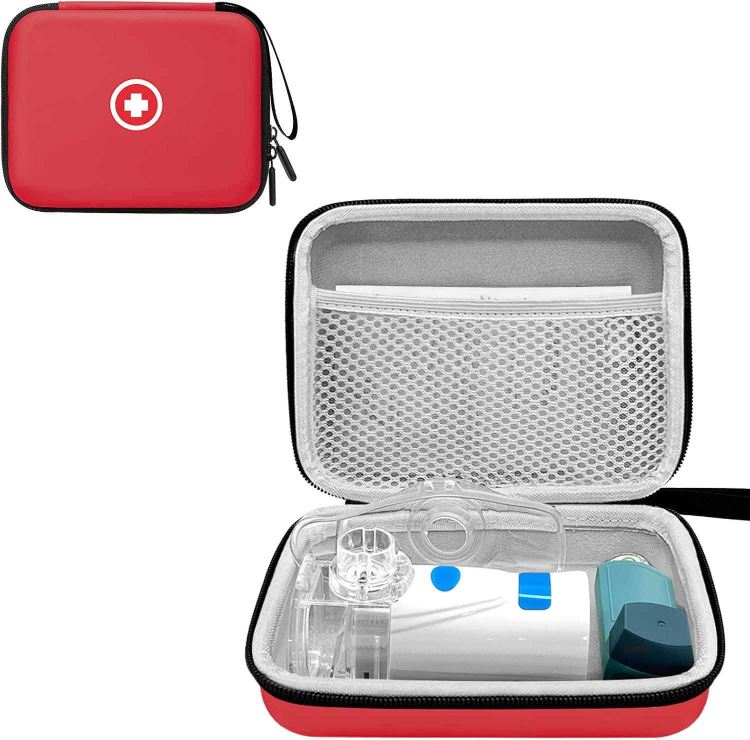 Klawdsky carrying case for portable nebulizer front view showing red hard shell and medical cross logo