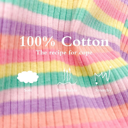 Soft cotton material texture detail of the rainbow striped puppy birthday outfit.