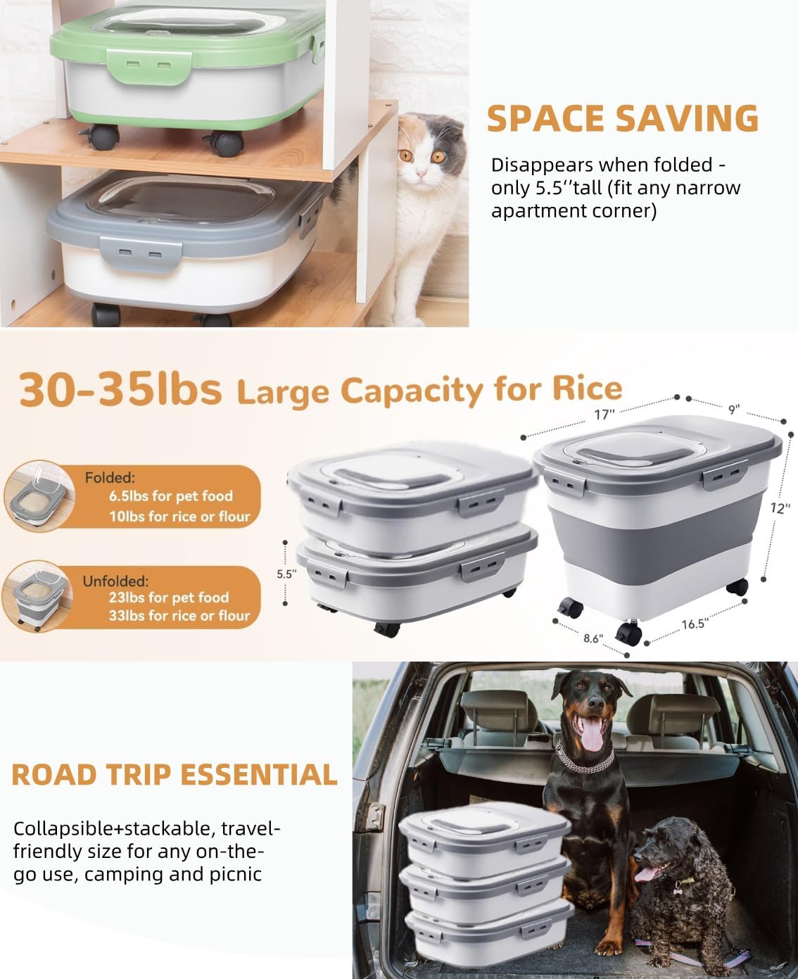 20-23 Lbs Dog Food Storage Container - Collapsible Dog Food Container with Attachable Casters and Scoop,Travel Silicone Bowl, Pet Food Storage Containers to Keep Dry Food Fresh,Easy to Move - Image 9