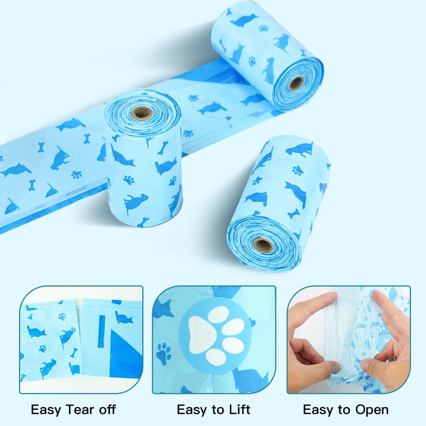 Close up of the thirteen by nine inch large blue dog poop bag showing the cute dog print design.