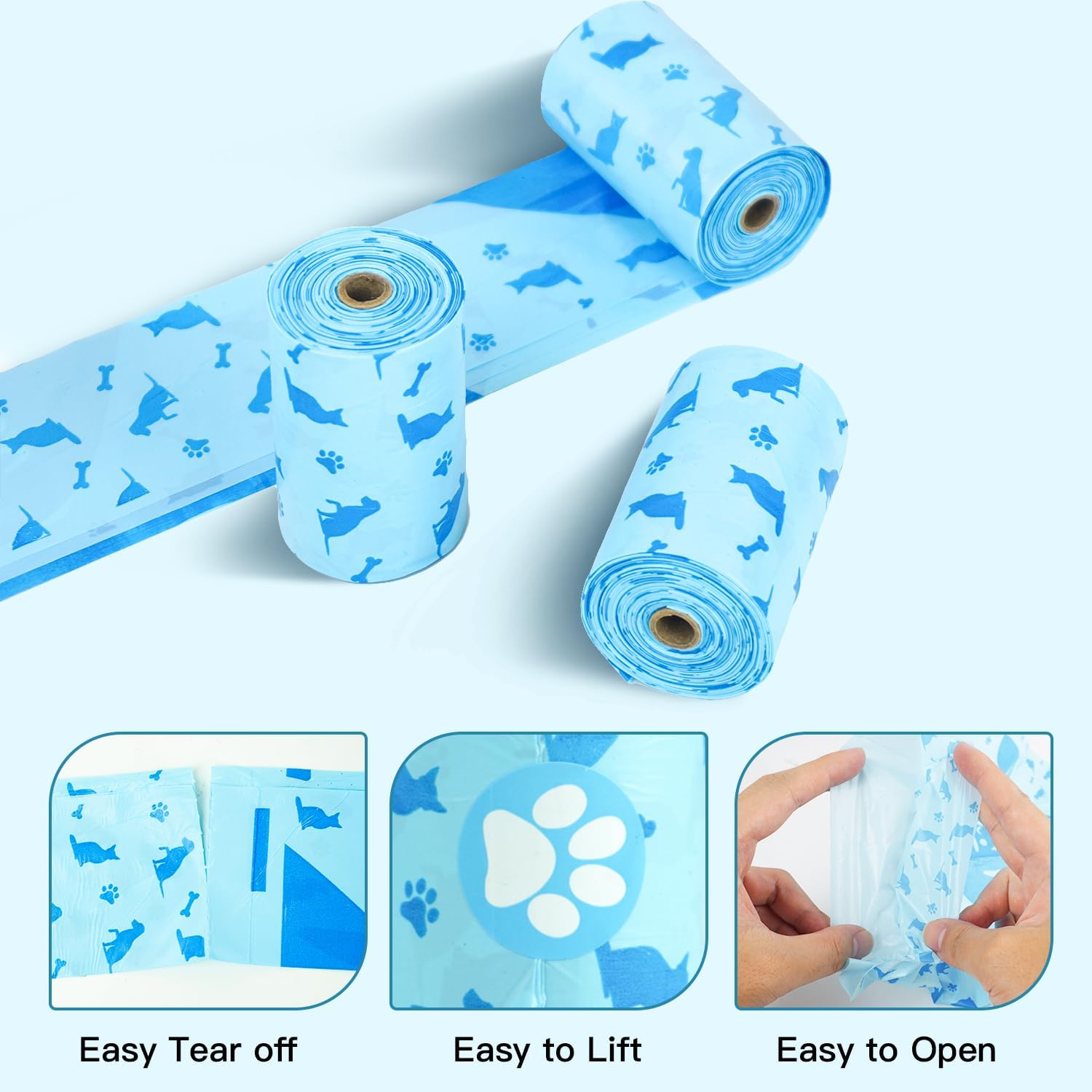 Close up of the thirteen by nine inch large blue dog poop bag showing the cute dog print design.