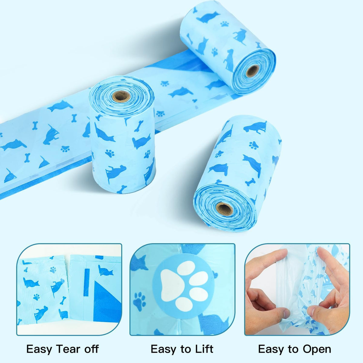 Close up of the thirteen by nine inch large blue dog poop bag showing the cute dog print design.