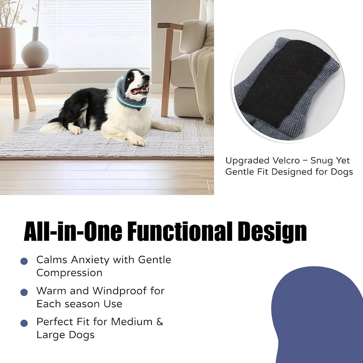 Grey pet head wrap anxiety relief accessory on a dog