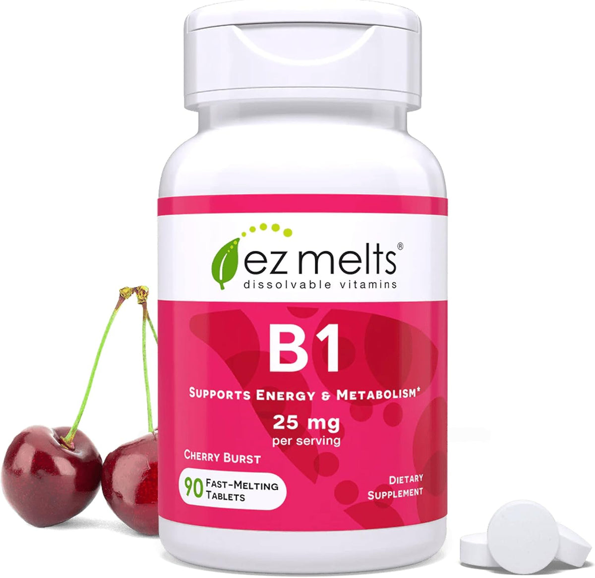 EZ Melts Vitamin B1 25mg tablets front view bottle packaging