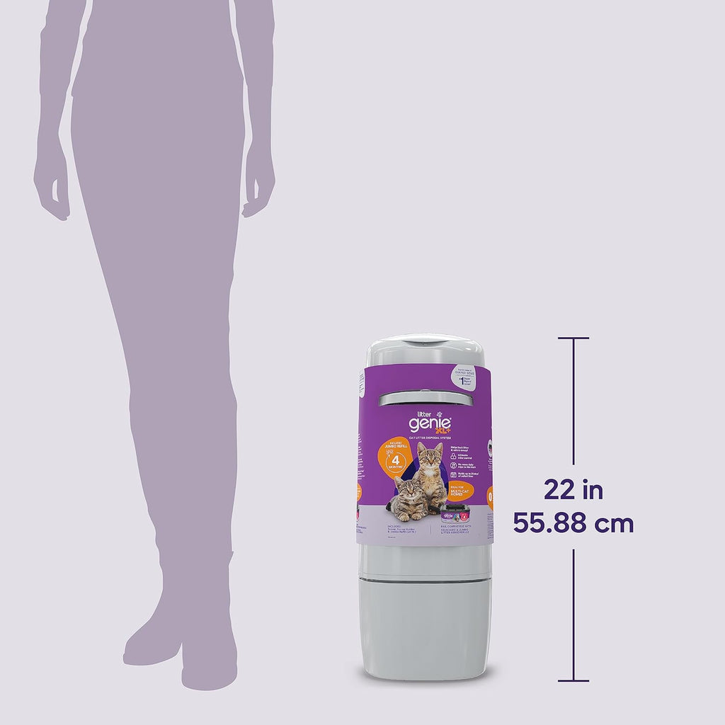 Full packaging view of the USA-imported Litter Genie XL Plus Pail box detailing all the included components and odor control features.