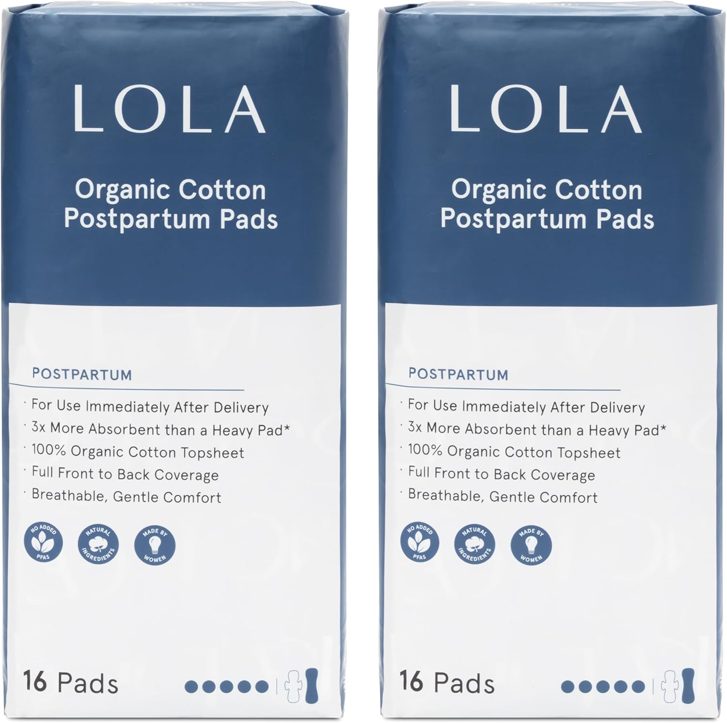 LOLA Organic Cotton Postpartum Pads front view packaging 32 count.