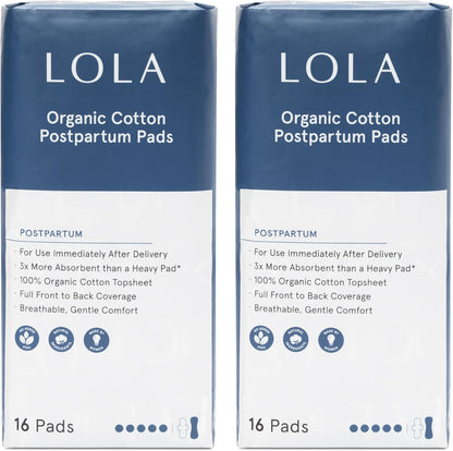 LOLA Organic Cotton Postpartum Pads front view packaging 32 count.