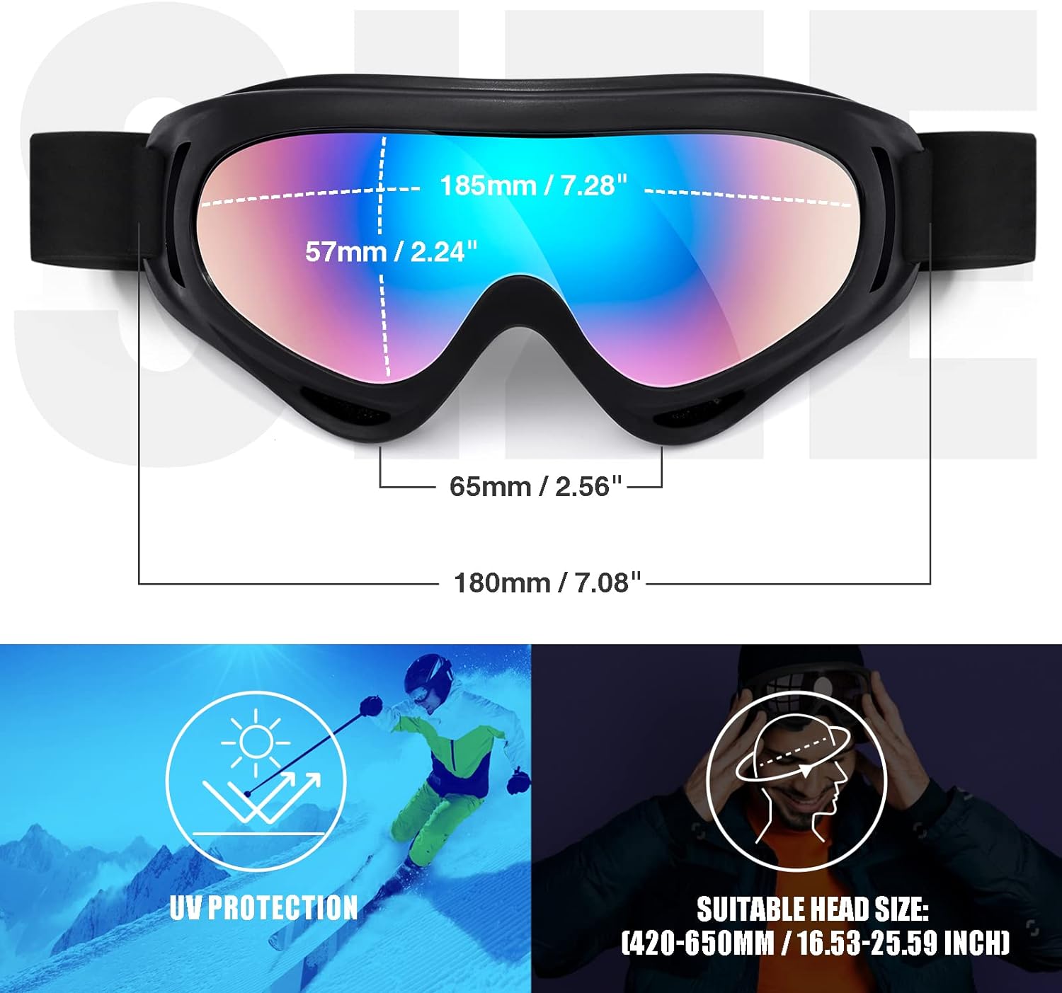 Adjustable elastic head strap on MAMBAOUT ski goggles for helmet compatibility.
