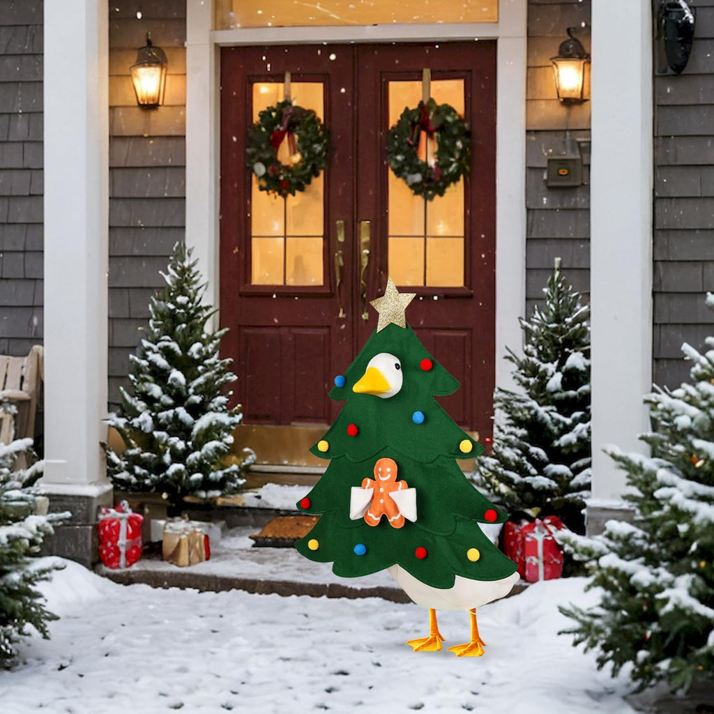 Festive holiday goose costume with star topper for outdoor garden decor