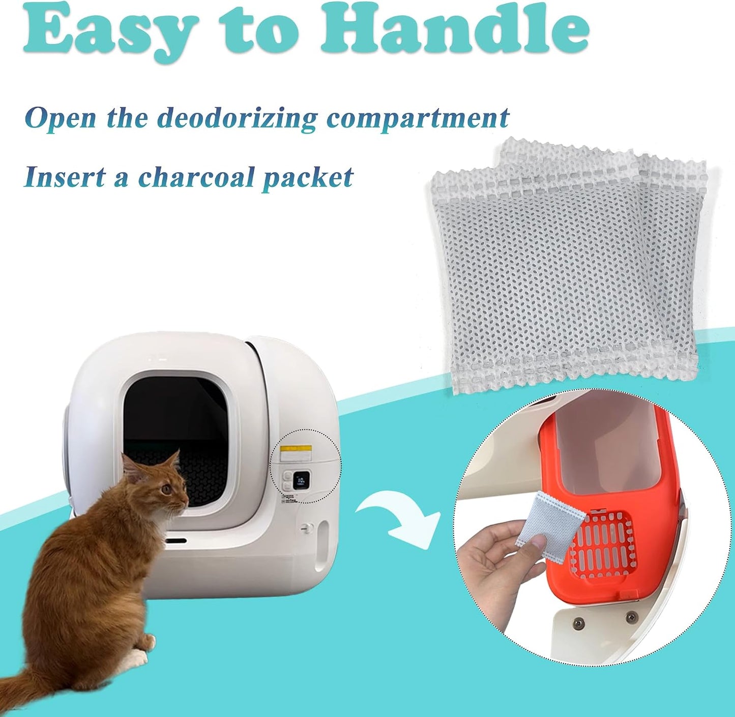Activated charcoal filter pouch being placed into an automatic cat litter box drawer.