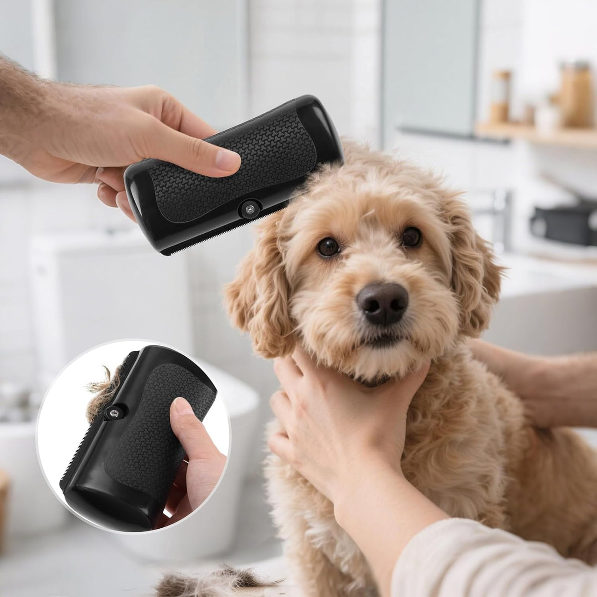 Wiyici ergonomic pet brush effectively capturing dander and dead seasonal hair from a dog coat.