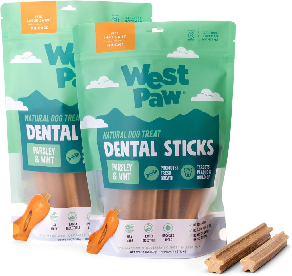 Large dog playing with a durable West Paw Dental Stick