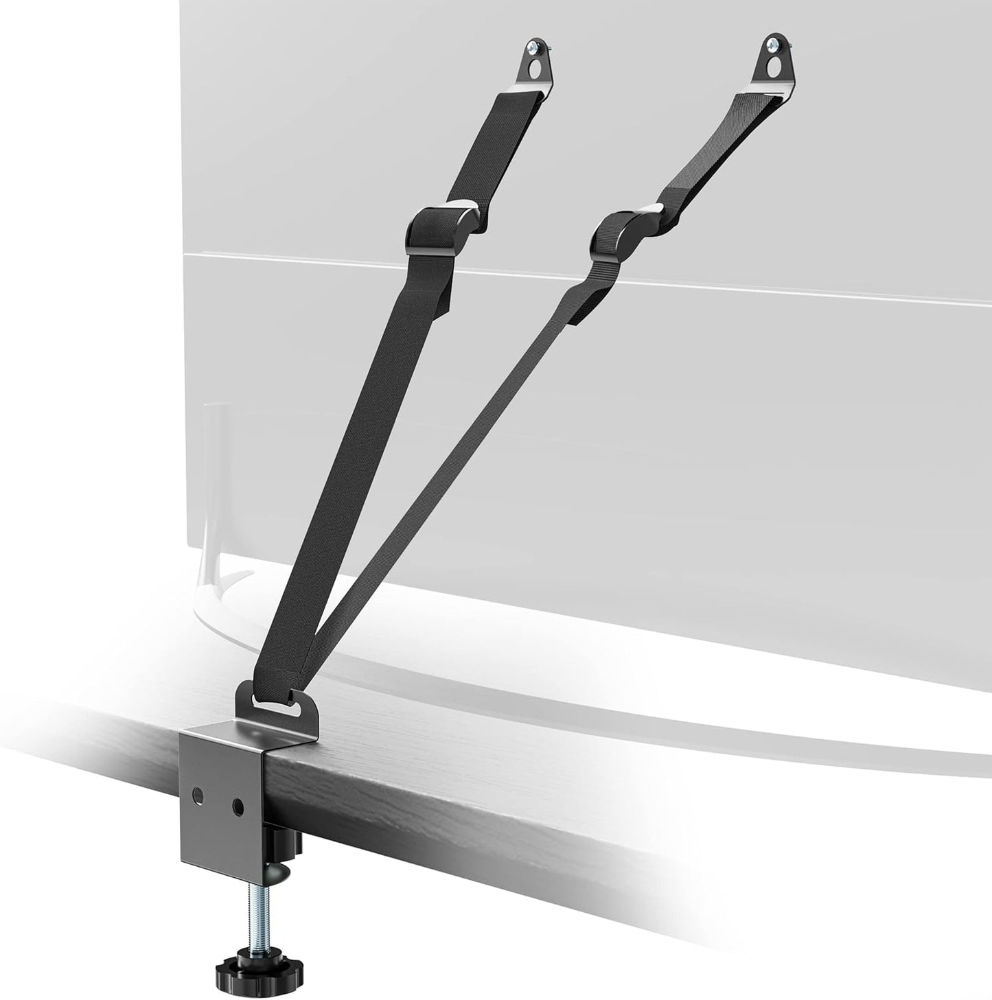IMtKotW TV safety straps front view showcasing heavy duty black anti tip belts with metal connectors for child proofing.