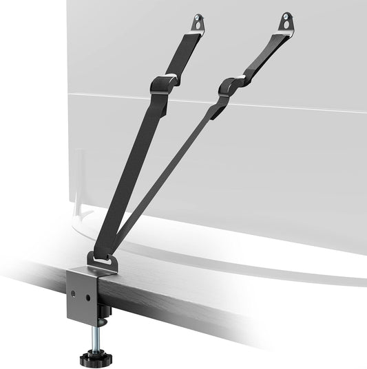 IMtKotW TV safety straps front view showcasing heavy duty black anti tip belts with metal connectors for child proofing.
