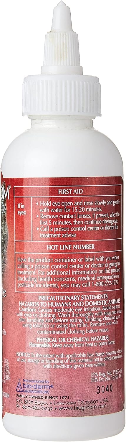 Bio-Groom ear mite treatment label details showing active ingredients and size