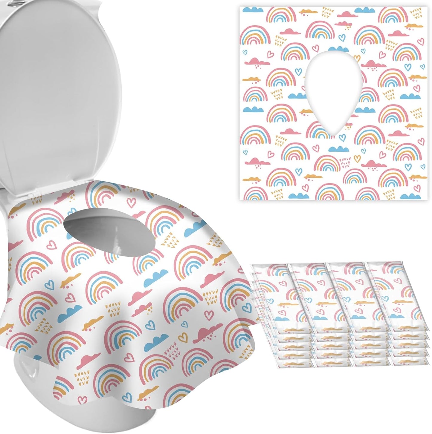DEEKI Disposable Toilet Seat Covers front view showcasing the compact travel packaging and bright rainbow graphics.