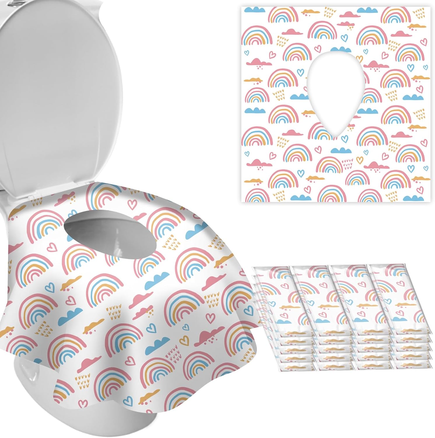 DEEKI Disposable Toilet Seat Covers front view showcasing the compact travel packaging and bright rainbow graphics.