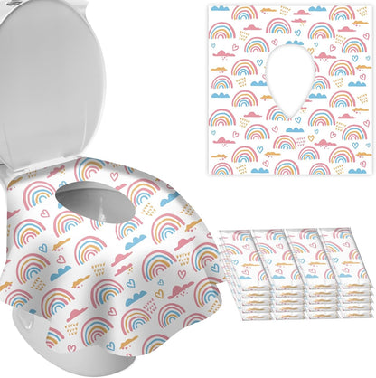 DEEKI Disposable Toilet Seat Covers front view showcasing the compact travel packaging and bright rainbow graphics.
