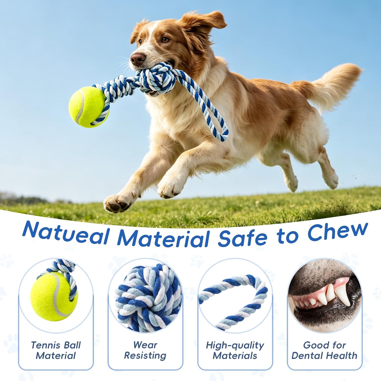 Durable blue white and grey dog tether tug toy for puppy teething
