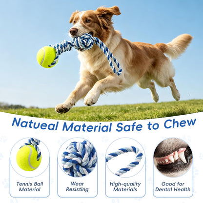 Durable blue white and grey dog tether tug toy for puppy teething
