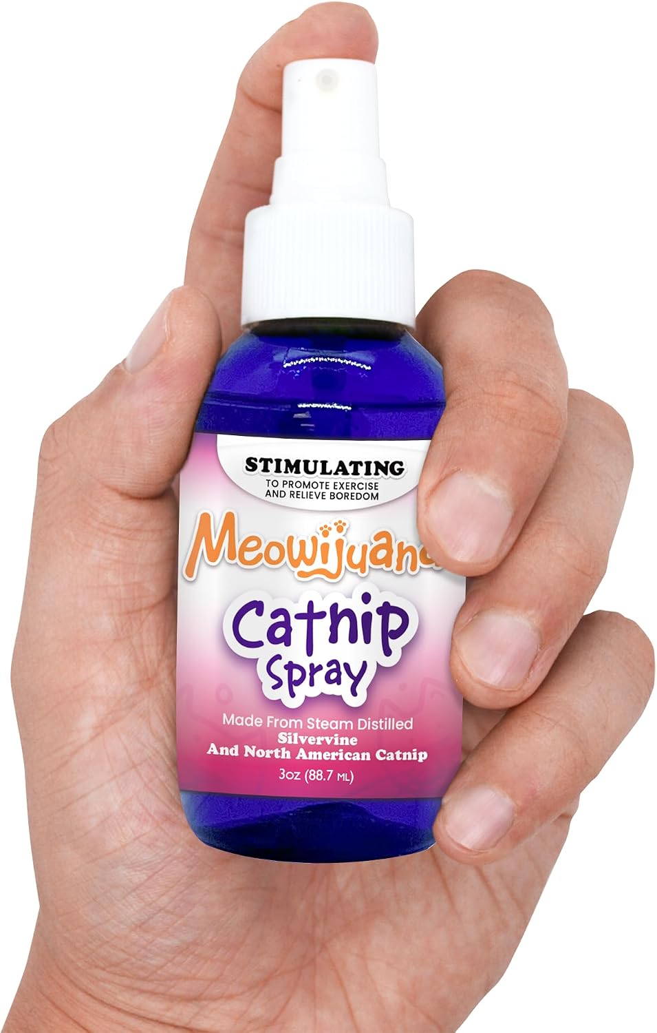 Calming and stimulating silvervine cat spray bottle on clean background