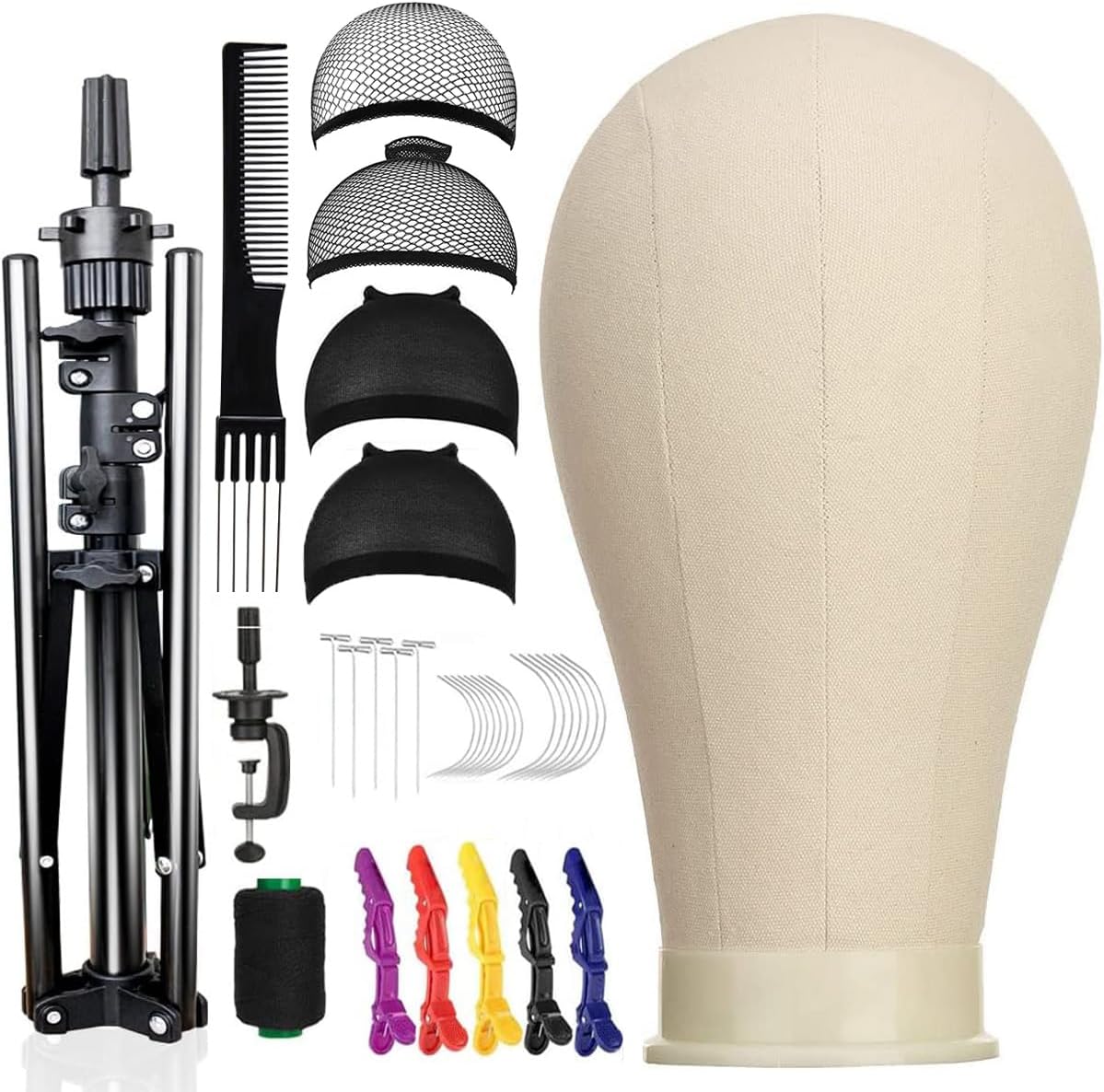 SZCY LLC canvas block wig head front view with adjustable tripod stand