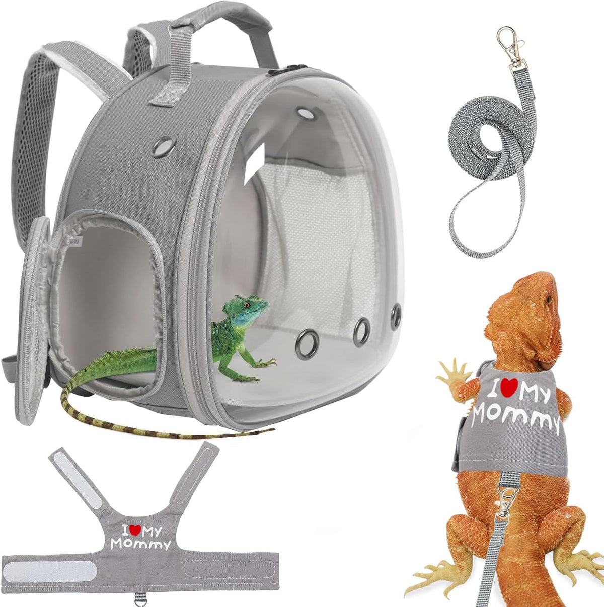 Bearded Dragon Carrier Backpack with Two Security Printing Harness with Leash Sets, Reptile Lizard Travel Bag to Carry and Transport Small Animal Kitten Bunny Guinea Pig to Vet(Brown, PU Leather) - Image 13