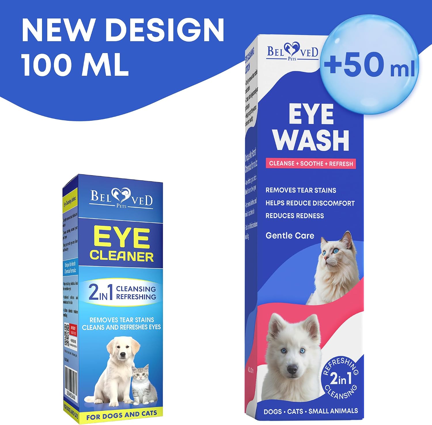 100 ml bottle of Beloved Pets eye flush for puppies and rabbits packaging view.