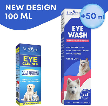 100 ml bottle of Beloved Pets eye flush for puppies and rabbits packaging view.