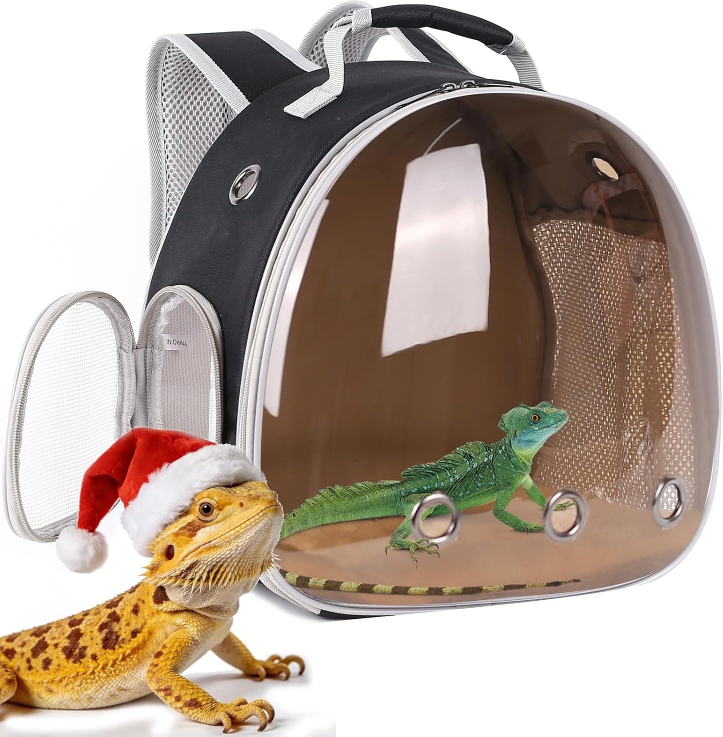 Bearded Dragon Travel Carrier Backpack,Lizard Backpack Carrier,Space Capsule Clear Bubble Window Astronaut Reptile Carrier Backpack for Guinea Pig,Sugar Glider,Bunny (Black, TPU Carrier+MAT) - Image 13