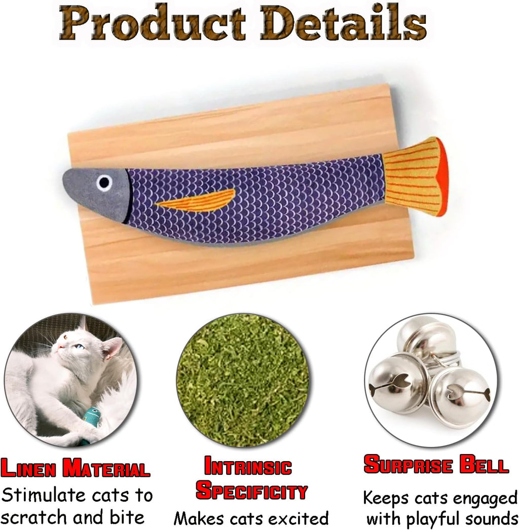 JMTSONS interactive catnip fish kicker toy in purple color with realistic pattern.