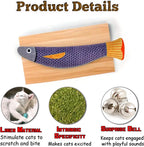 JMTSONS interactive catnip fish kicker toy in purple color with realistic pattern.