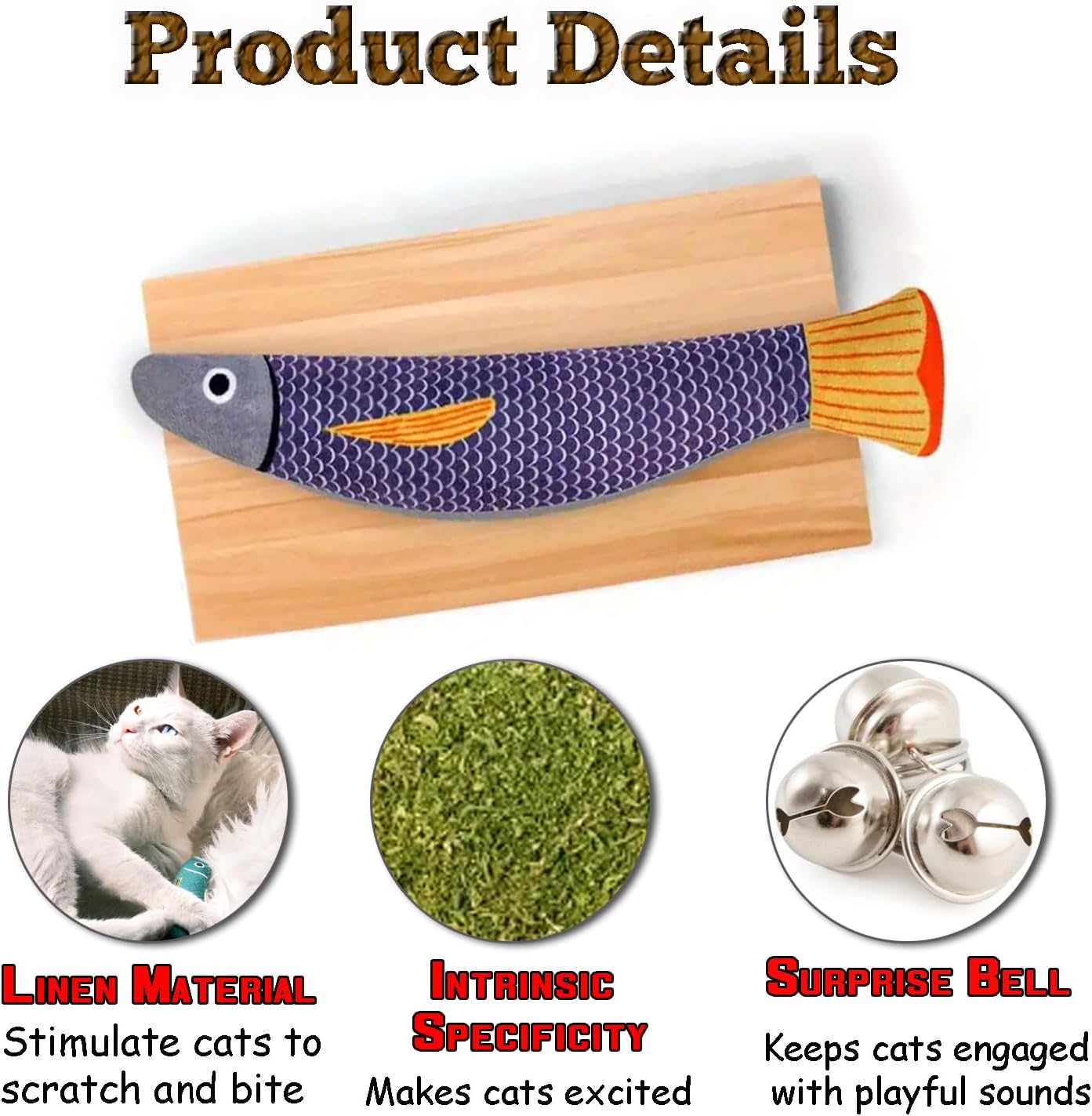 JMTSONS interactive catnip fish kicker toy in purple color with realistic pattern.