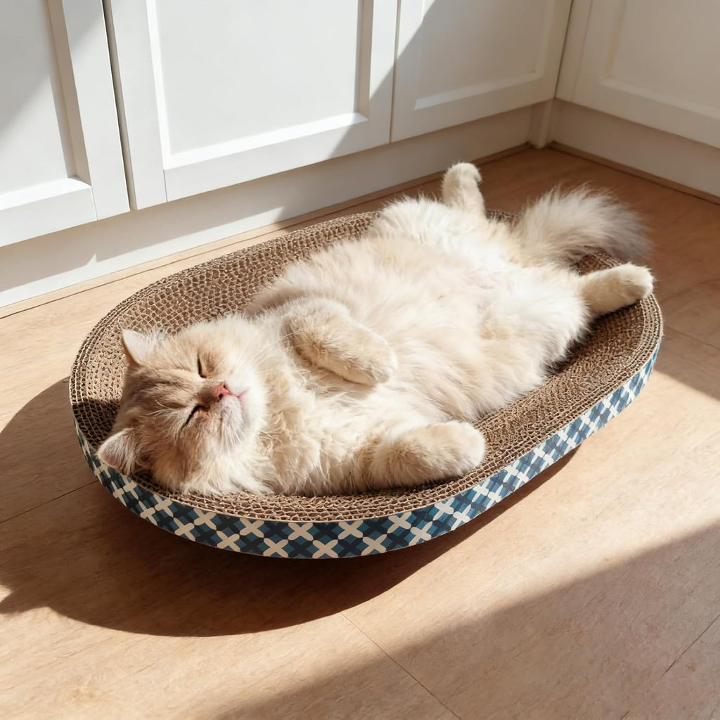 Cat Scratcher Bed with Toys, 4 Pack Oval Cat Scratcher Cardboard, Indoor Cat Scratch Bowl, Large Pad Cat Scratching Board with Catnip Fish Toy & Feather Wand for Furniture Protector L(17.5"x12.6"x3") - Image 9