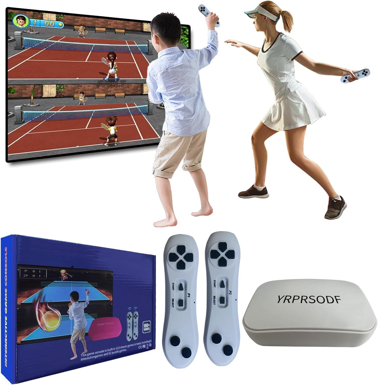 Yrprsodf TV game console with wireless motion controllers.