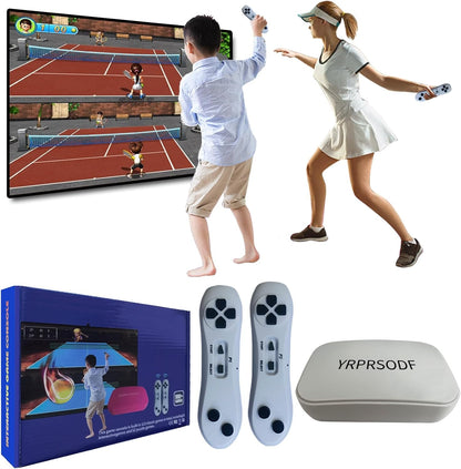 Yrprsodf TV game console with wireless motion controllers.