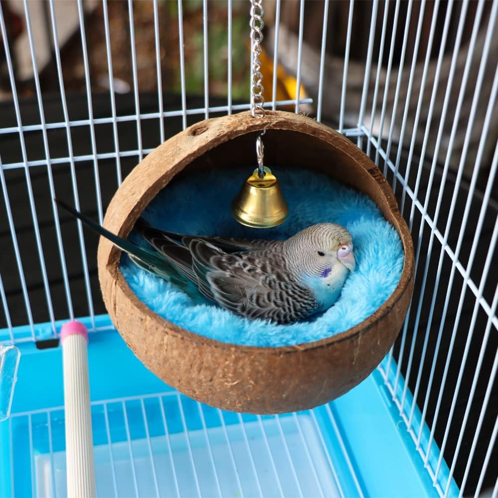2 Pack Natural Coconut Shell Bird Nest with Pads for Small Parrots - Image 2