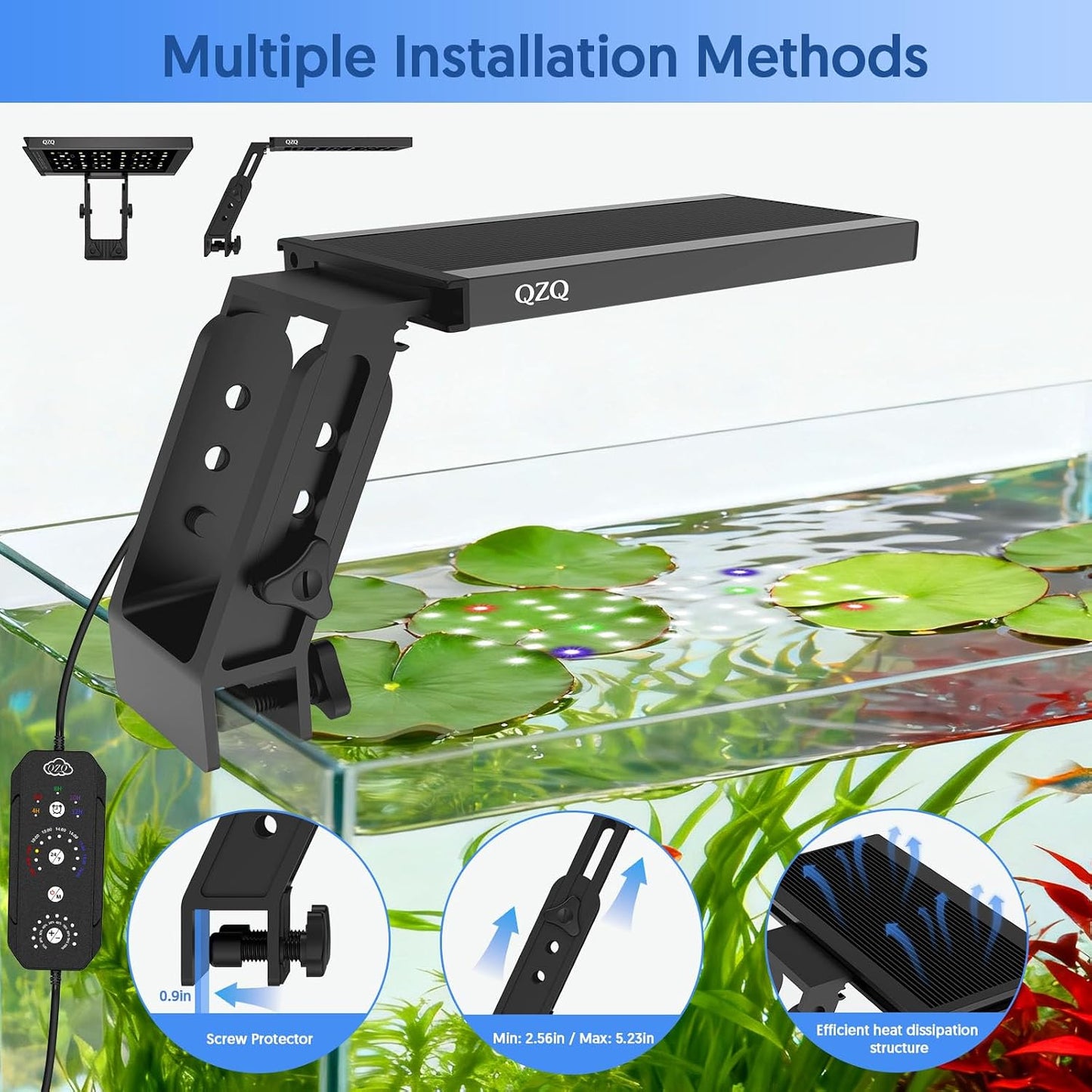 Adjustable clip-on mounting bracket shown on a frameless aquarium glass edge.