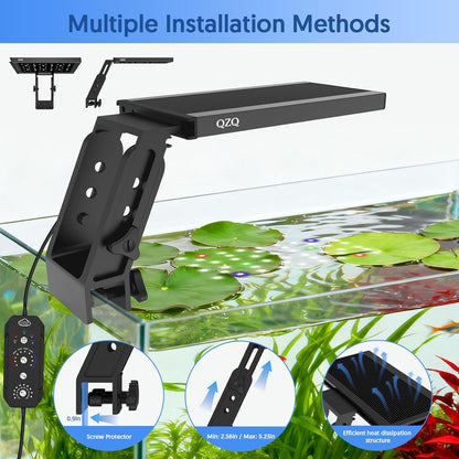 Adjustable clip-on mounting bracket shown on a frameless aquarium glass edge.