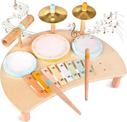 Meytccve Toddlers Drum Set Toy front view showing the complete wooden musical table with xylophone and cymbals.