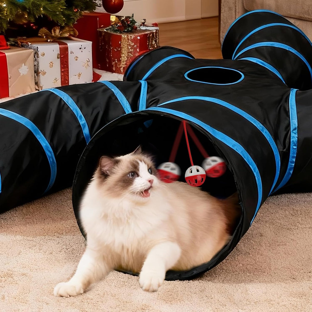 Premium imported Joytale cat tunnel overview highlighting the cave-like structure for hiding and chasing.