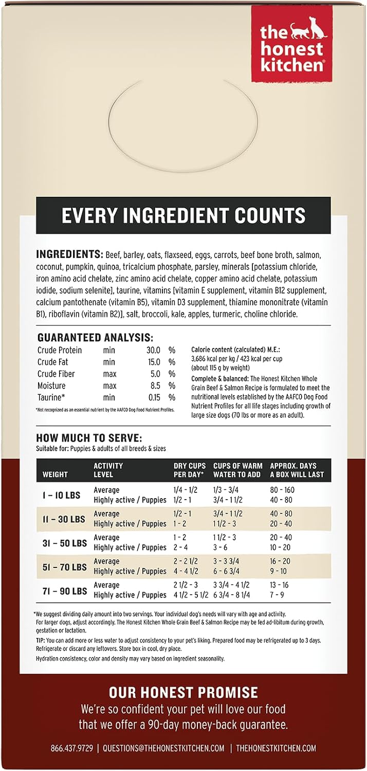 The Honest Kitchen Wholemade Beef and Salmon dog food ingredients label