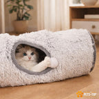 Interactive cat crinkle tunnel showing two side peek holes and hanging sound balls for feline entertainment.