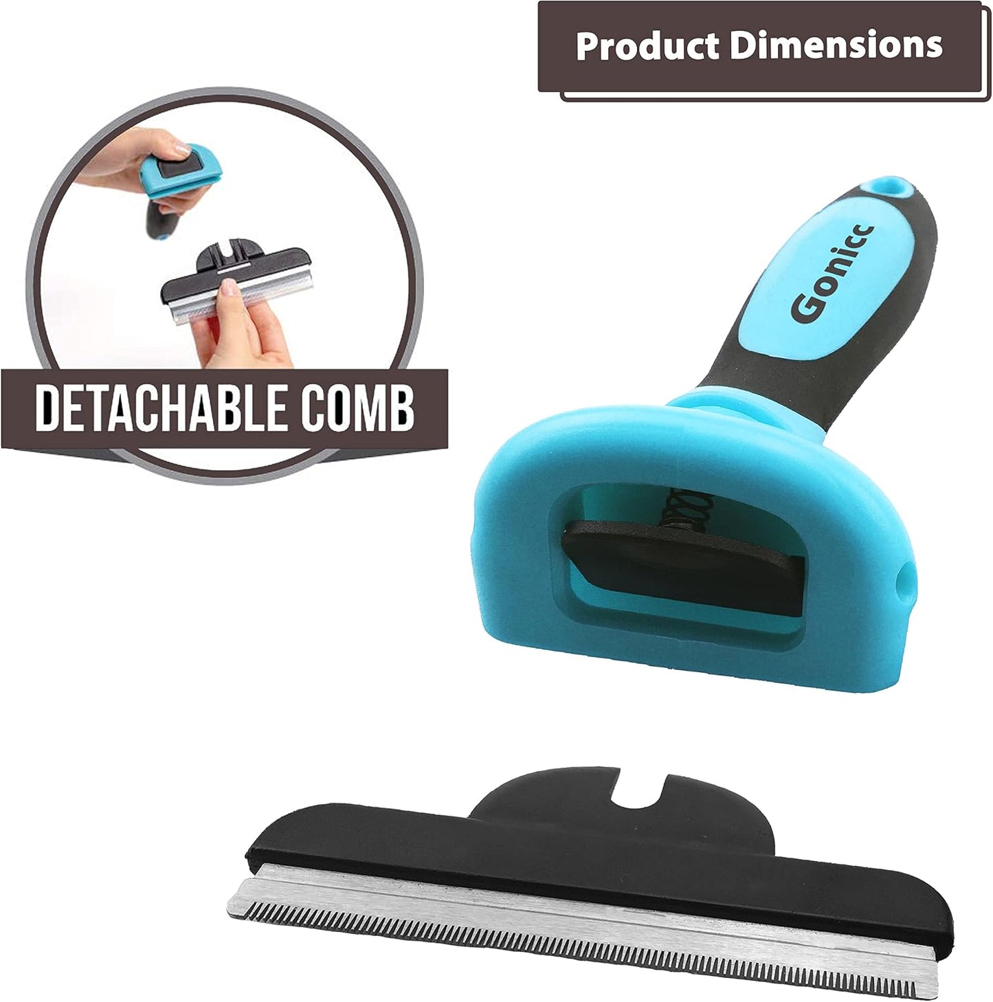 Gonicc blue deshedder tool displaying the convenient storage eyelet on the tail