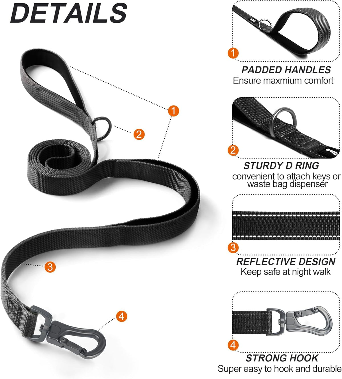 Close up of the TwoEar reflective nylon leash highlighting the neon night safe stitching threads.