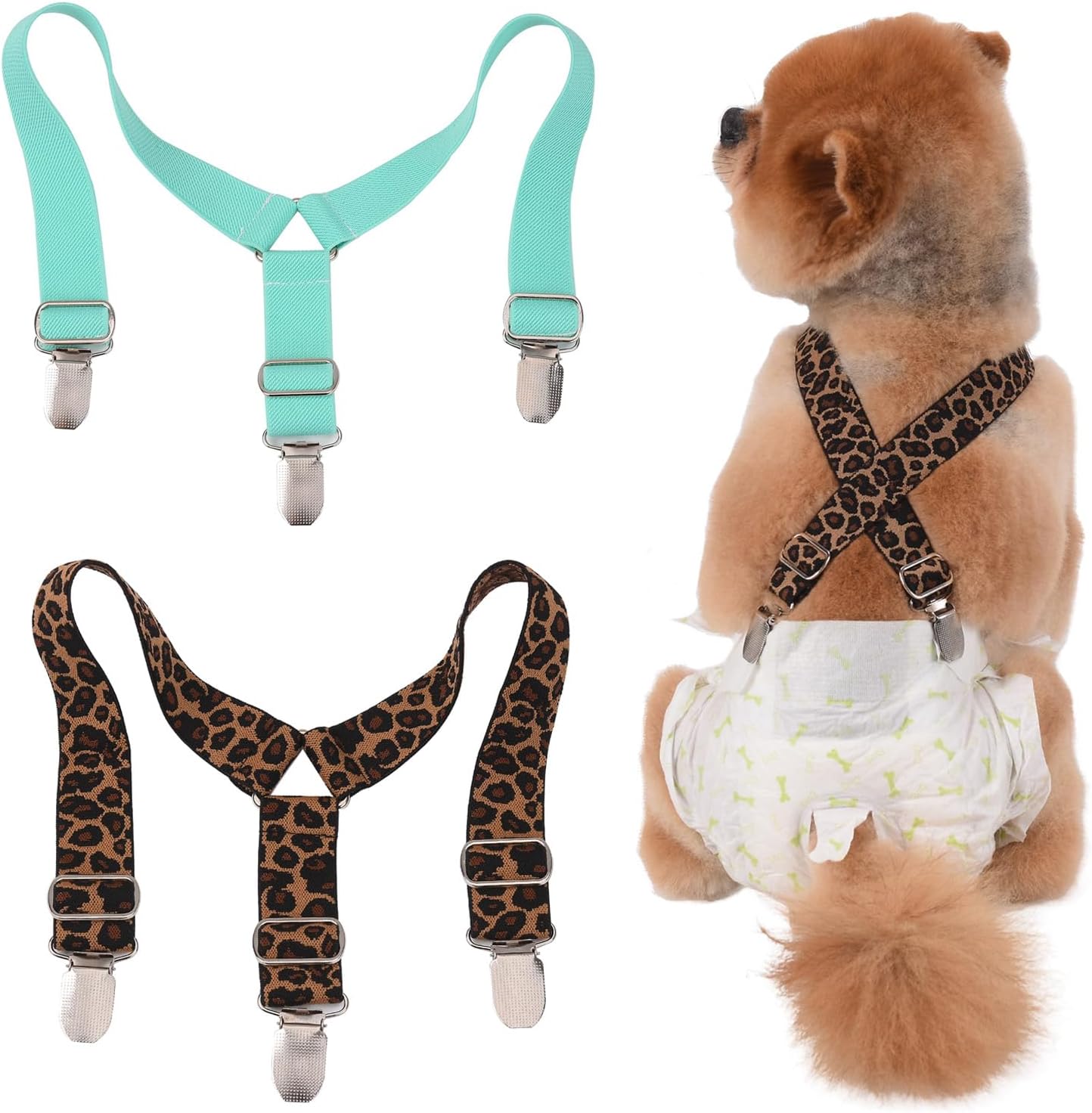 TESSVEYA Dog Diaper Suspenders in leopard print and light green front view showing adjustable straps