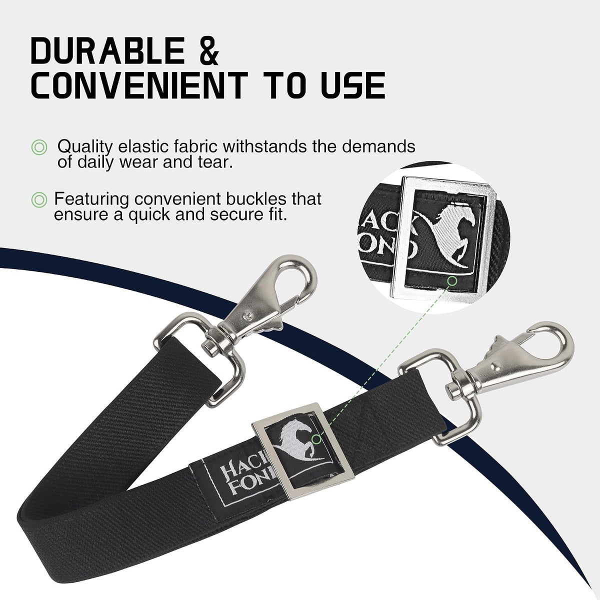 HackFond adjustable horse sheet stretchy belly straps showcasing the 360-degree rotating double swivel snaps.