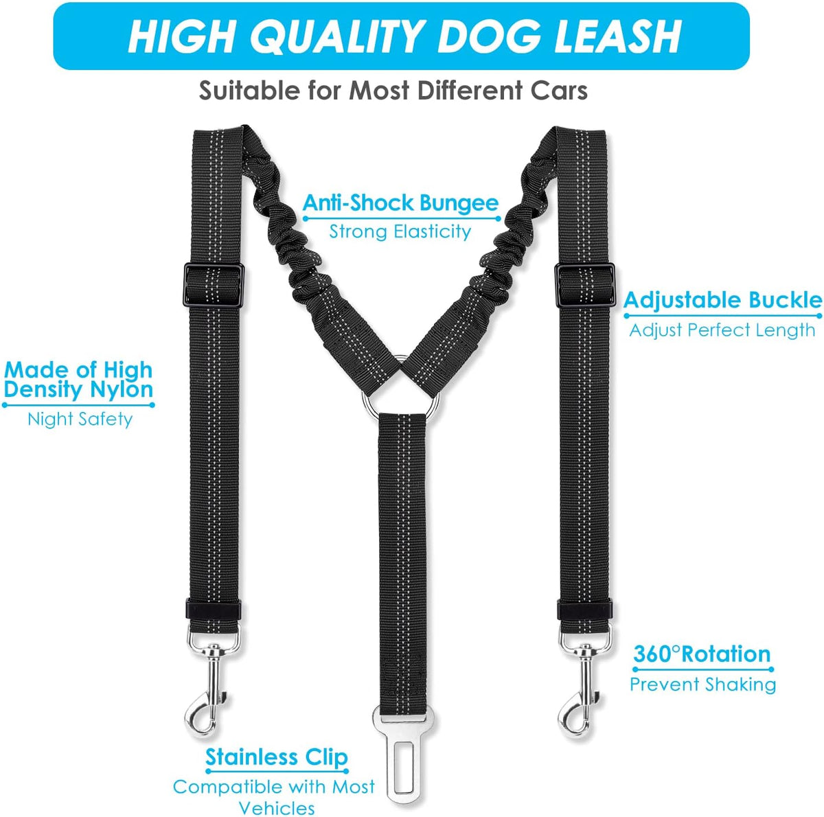 Adjustable Y-shape dog seat belt splitter for two pets