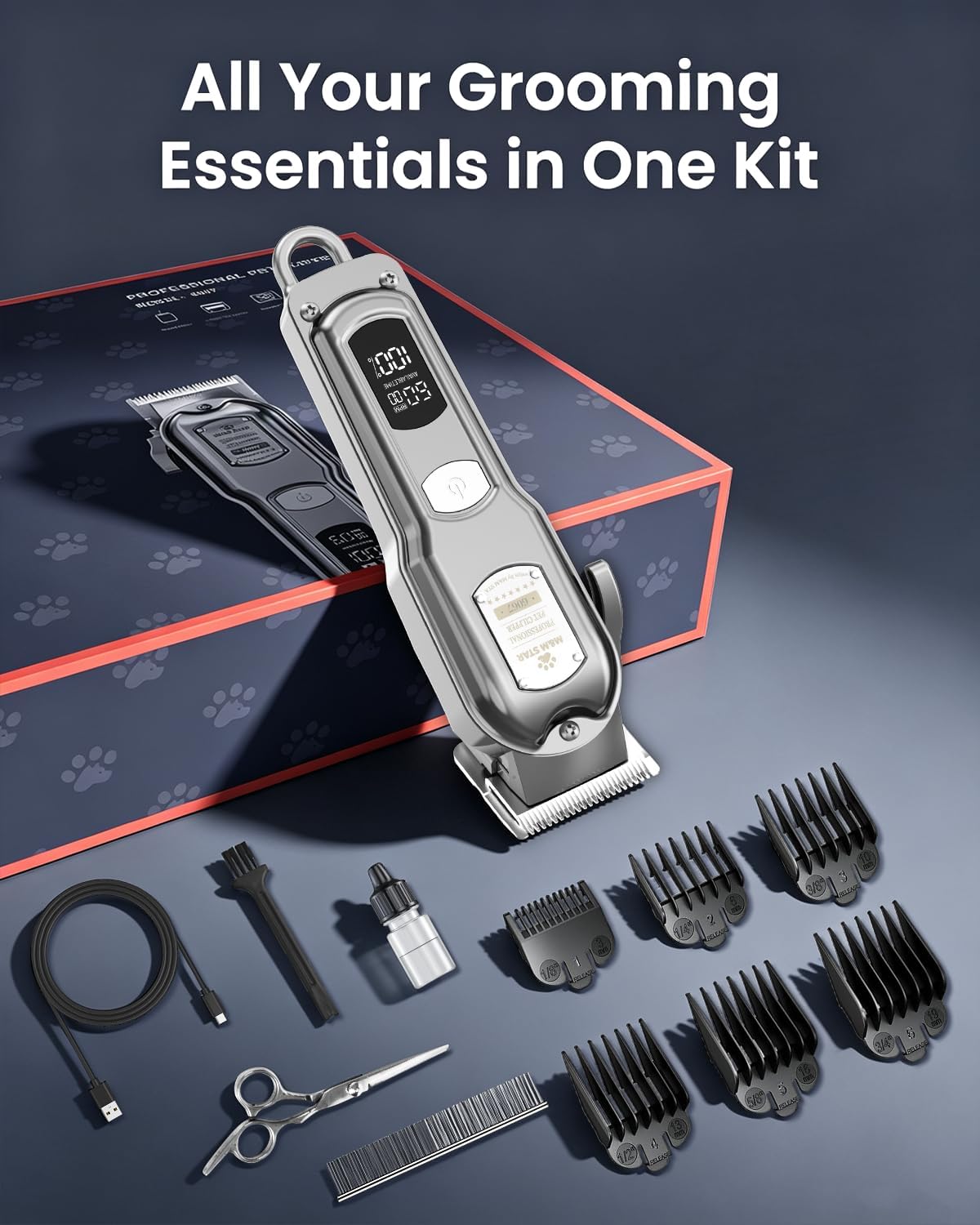 M&M STAR silver cordless pet hair clipper showing premium metal body design.