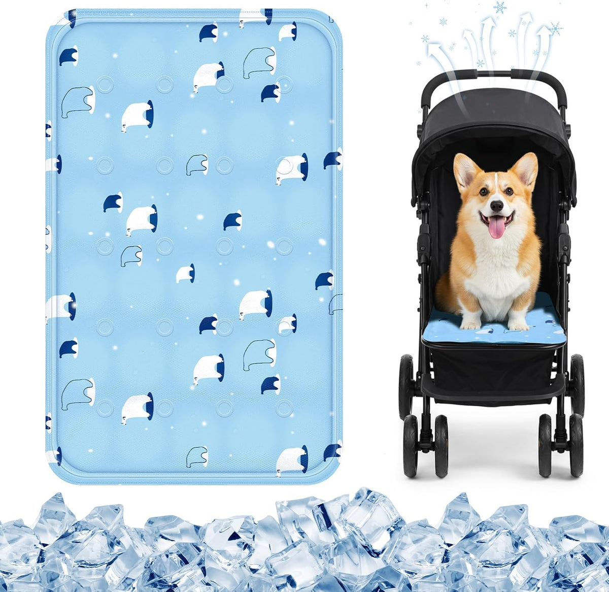 Nuanchu dog stroller cooling mat front view in sky blue bear print.